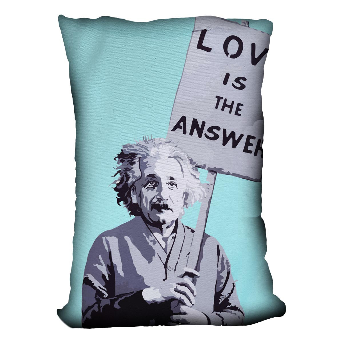 Banksy Love Is The Answer Light Blue Cushion featuring vibrant abstract design on luxurious vegan faux suede.