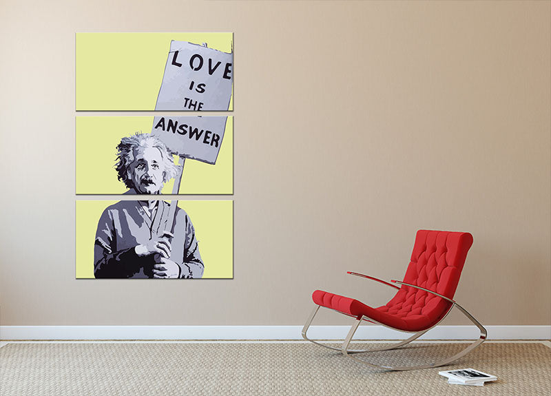 Banksy Love Is The Answer Yellow 3 Split Panel Canvas Print showcasing vibrant yellow colors and modern art design.