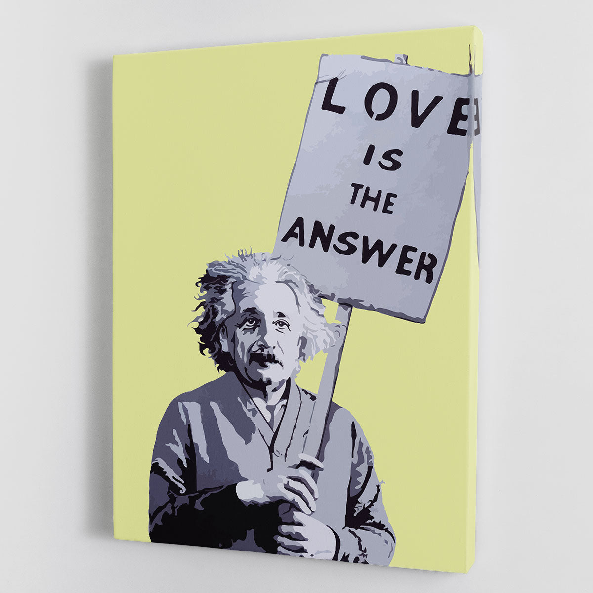 Banksy Love Is The Answer Yellow Canvas Print featuring bold text on a vibrant yellow background, perfect for modern decor.