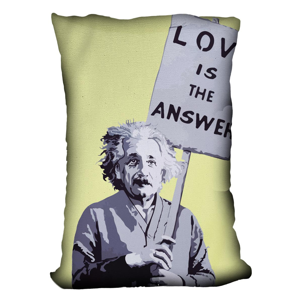 Banksy Love Is The Answer Yellow Cushion featuring vibrant design on luxurious vegan faux suede.