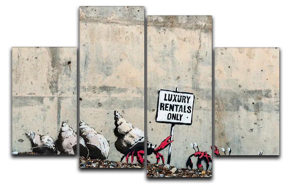 A stunning 4-split canvas artwork featuring Banksy's iconic style, divided into four panels that create a cohesive and dynamic visual display.