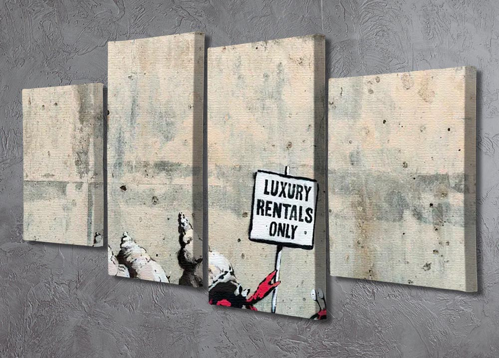 A stunning 4-split canvas artwork featuring Banksy's iconic style, divided into four panels that create a cohesive and dynamic visual display.