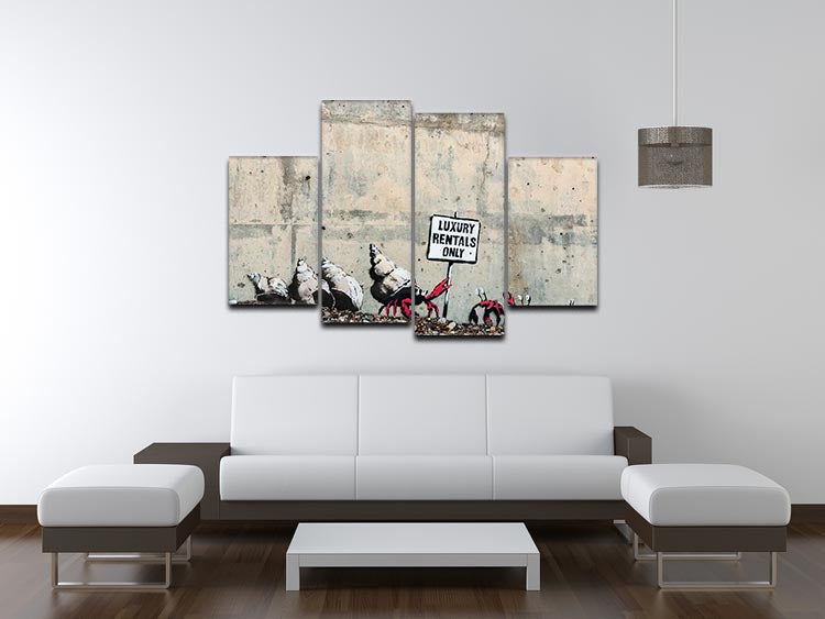 A stunning 4-split canvas artwork featuring Banksy's iconic style, divided into four panels that create a cohesive and dynamic visual display.