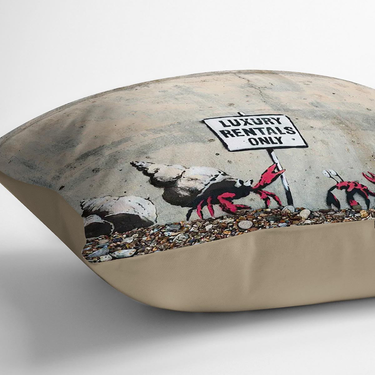 Banksy Luxury Rentals Only Cushion featuring vibrant abstract designs on luxurious vegan faux suede, showcasing its plush filling and handmade quality.