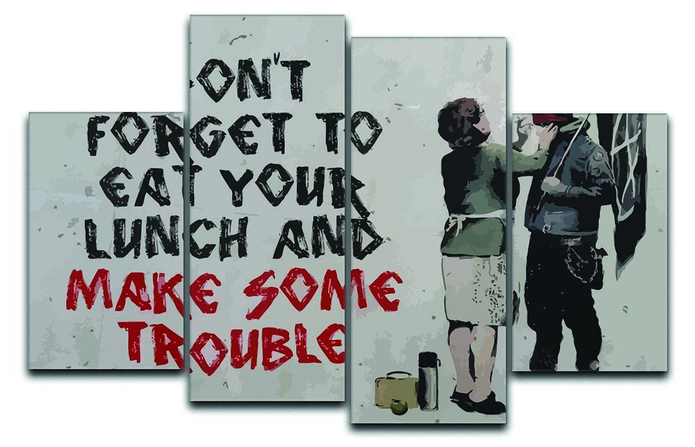 Banksy Make Some Trouble 4 Split Panel Canvas featuring four equal sections of vibrant street art, creating a cohesive and dynamic visual experience.
