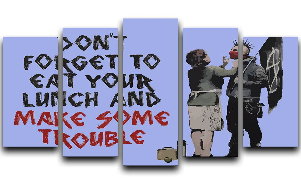 Banksy Make Some Trouble Blue 5 Split Panel Canvas artwork featuring vibrant blue tones and dynamic split panel design.