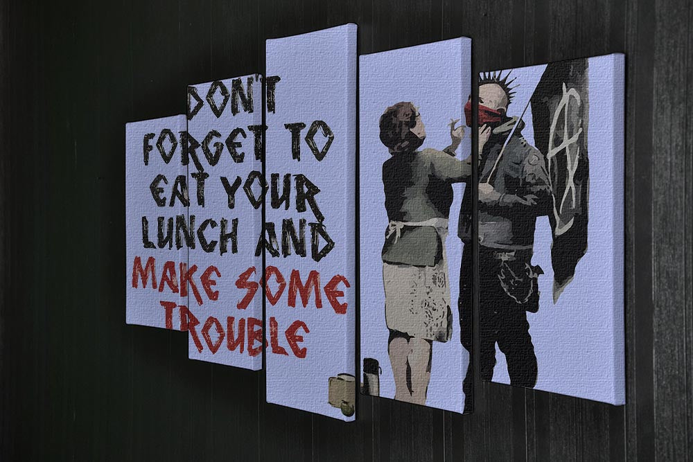 Banksy Make Some Trouble Blue 5 Split Panel Canvas artwork featuring vibrant blue tones and dynamic split panel design.