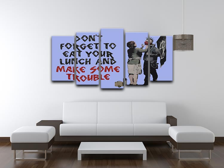 Banksy Make Some Trouble Blue 5 Split Panel Canvas artwork featuring vibrant blue tones and dynamic split panel design.
