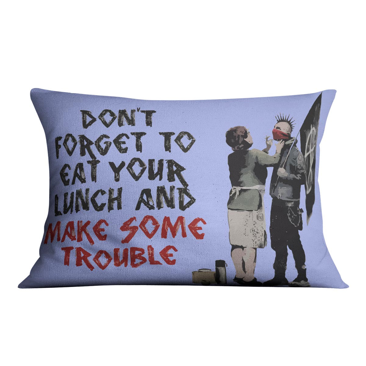 Banksy Make Some Trouble Blue Cushion featuring vibrant abstract design on luxurious vegan faux suede.