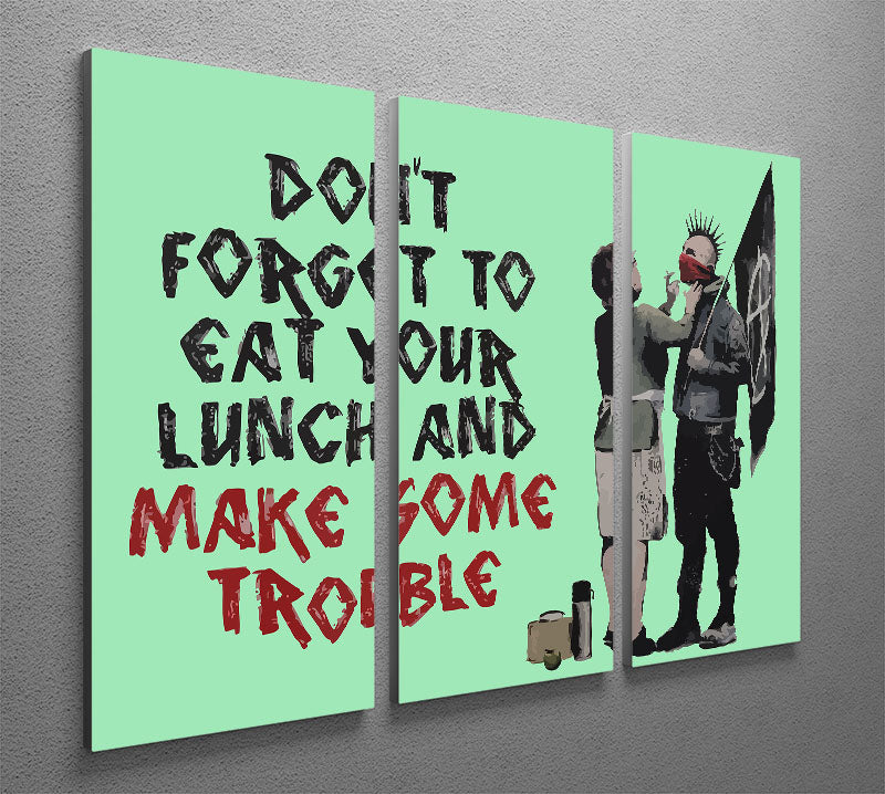 Banksy Make Some Trouble Green 3 Split Panel Canvas Print featuring three panels with vibrant green and artistic designs, perfect for modern decor.