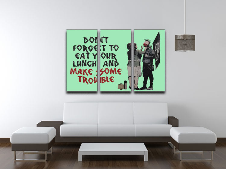 Banksy Make Some Trouble Green 3 Split Panel Canvas Print featuring three panels with vibrant green and artistic designs, perfect for modern decor.