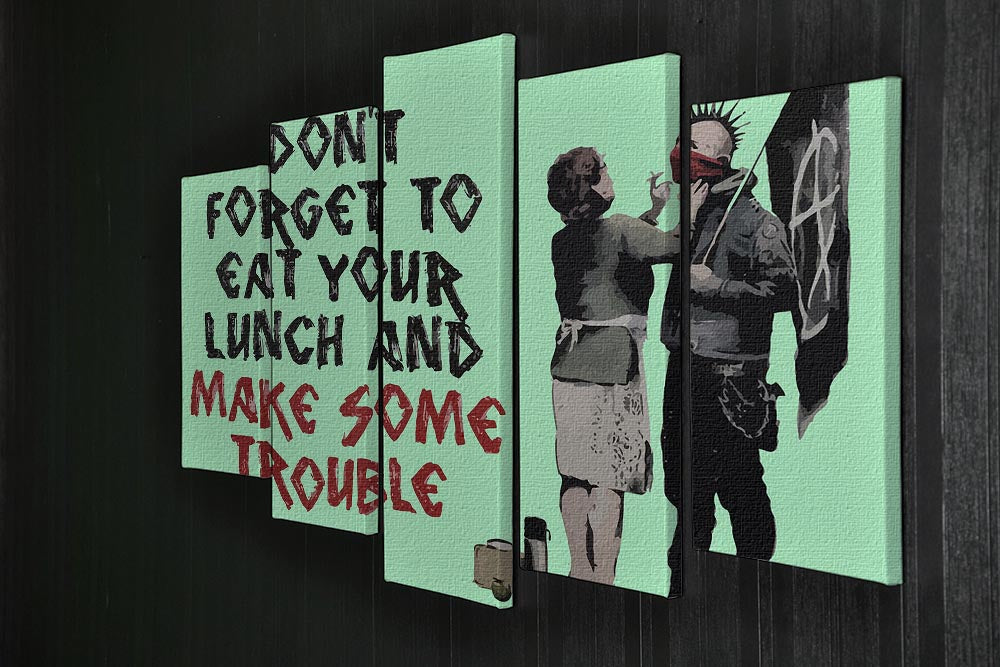 Banksy Make Some Trouble Green 5 Split Panel Canvas artwork featuring vibrant green colors and a dynamic split panel design.