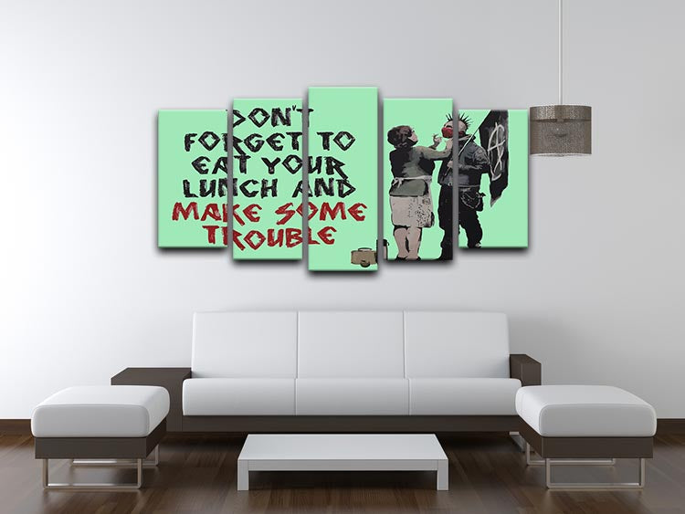 Banksy Make Some Trouble Green 5 Split Panel Canvas artwork featuring vibrant green colors and a dynamic split panel design.