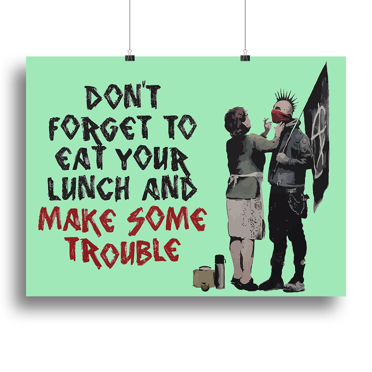Banksy Make Some Trouble Green Canvas Print featuring vibrant green tones and iconic street art style.
