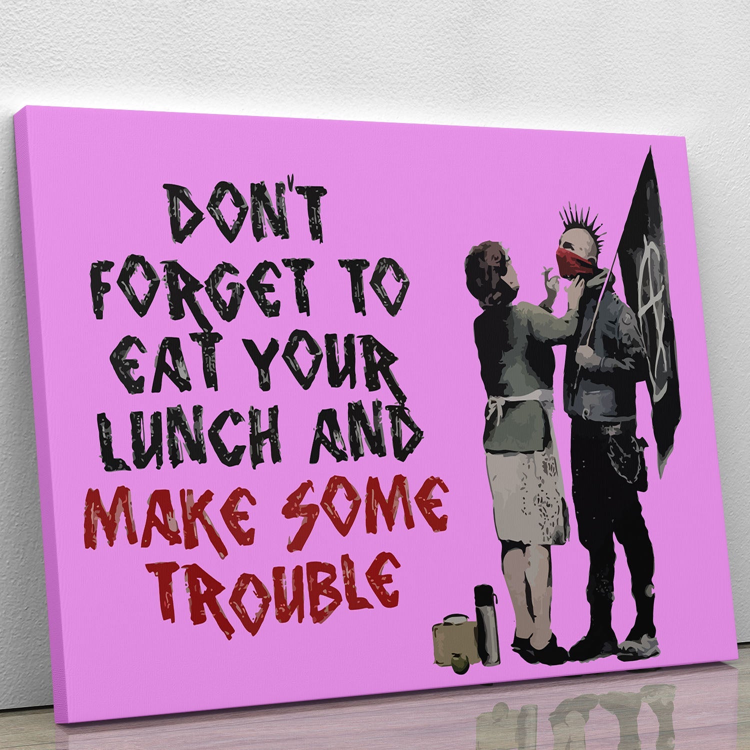 Banksy Make Some Trouble Purple Canvas Print featuring vibrant purple colors and striking street art design.