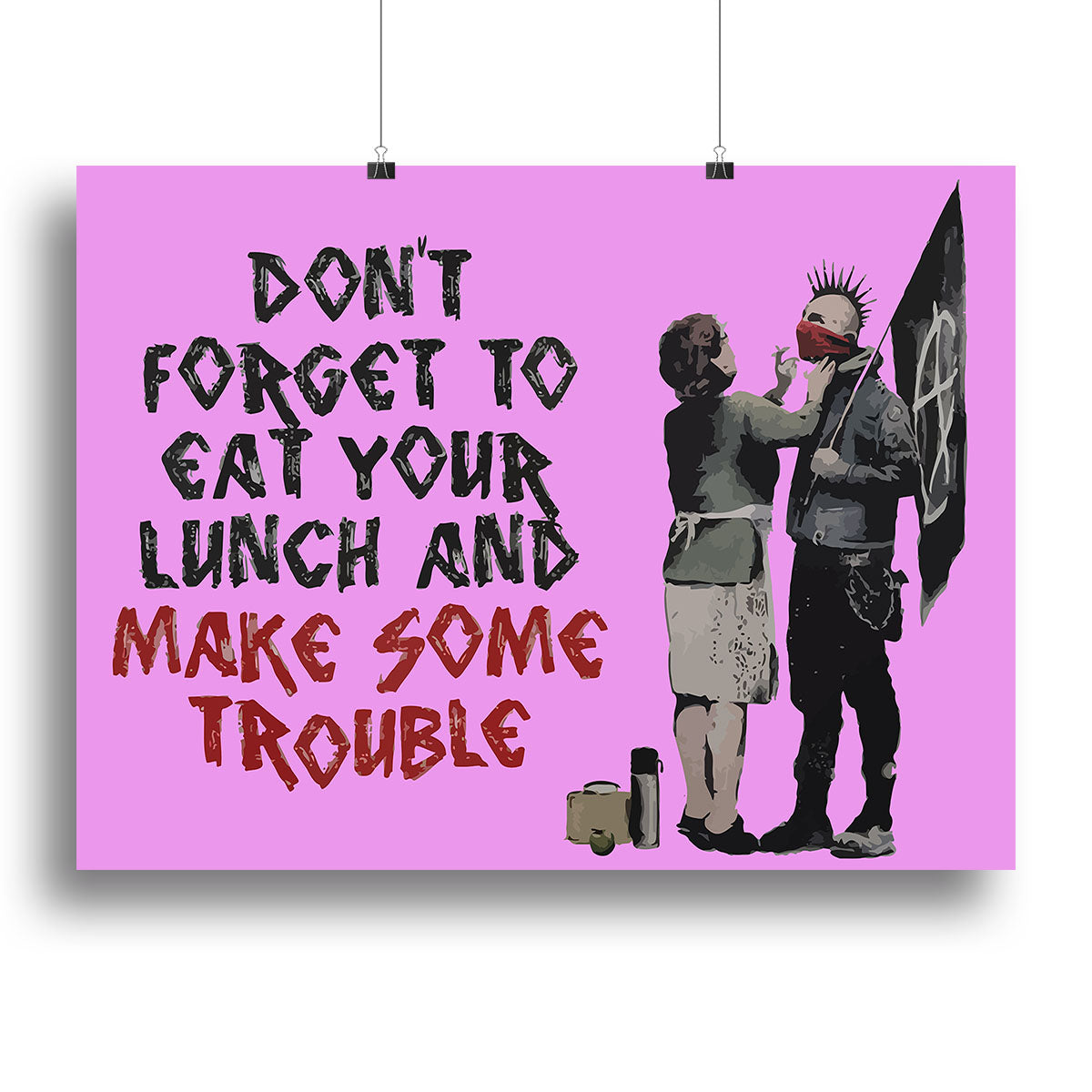 Banksy Make Some Trouble Purple Canvas Print featuring vibrant purple colors and striking street art design.