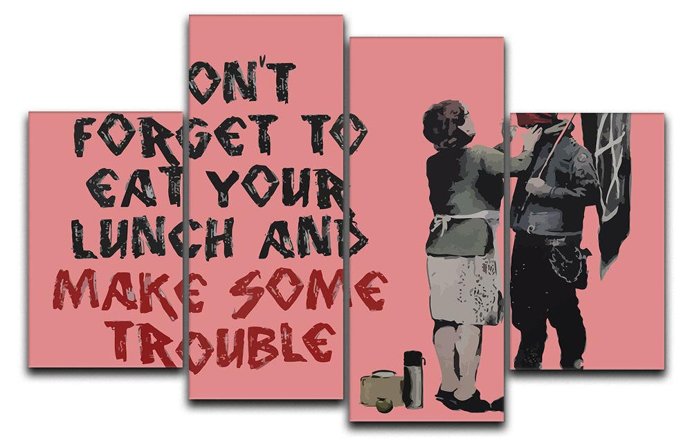 Banksy Make Some Trouble Red 4 Split Panel Canvas artwork featuring vibrant red background and thought-provoking imagery divided into four panels.