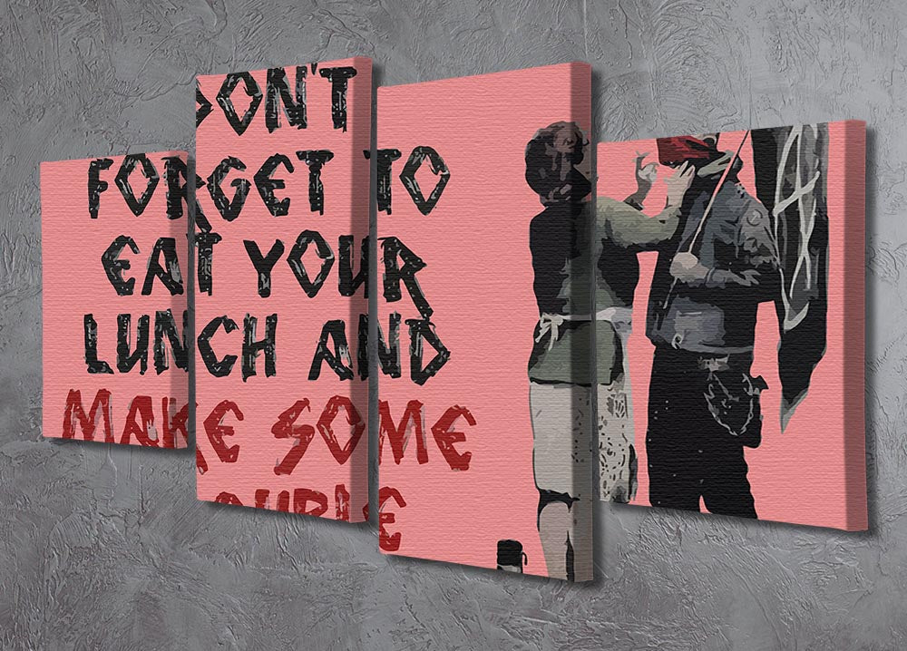 Banksy Make Some Trouble Red 4 Split Panel Canvas artwork featuring vibrant red background and thought-provoking imagery divided into four panels.