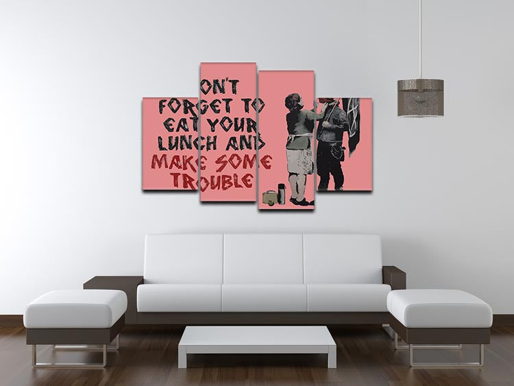 Banksy Make Some Trouble Red 4 Split Panel Canvas artwork featuring vibrant red background and thought-provoking imagery divided into four panels.