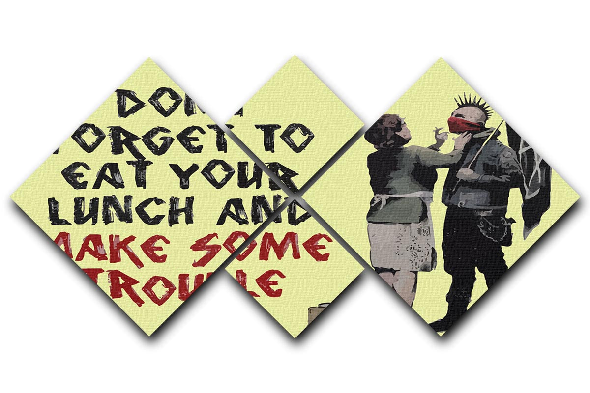 Banksy Make Some Trouble Yellow 4 Square Multi Panel Canvas featuring four vibrant yellow panels creating a cohesive artwork.
