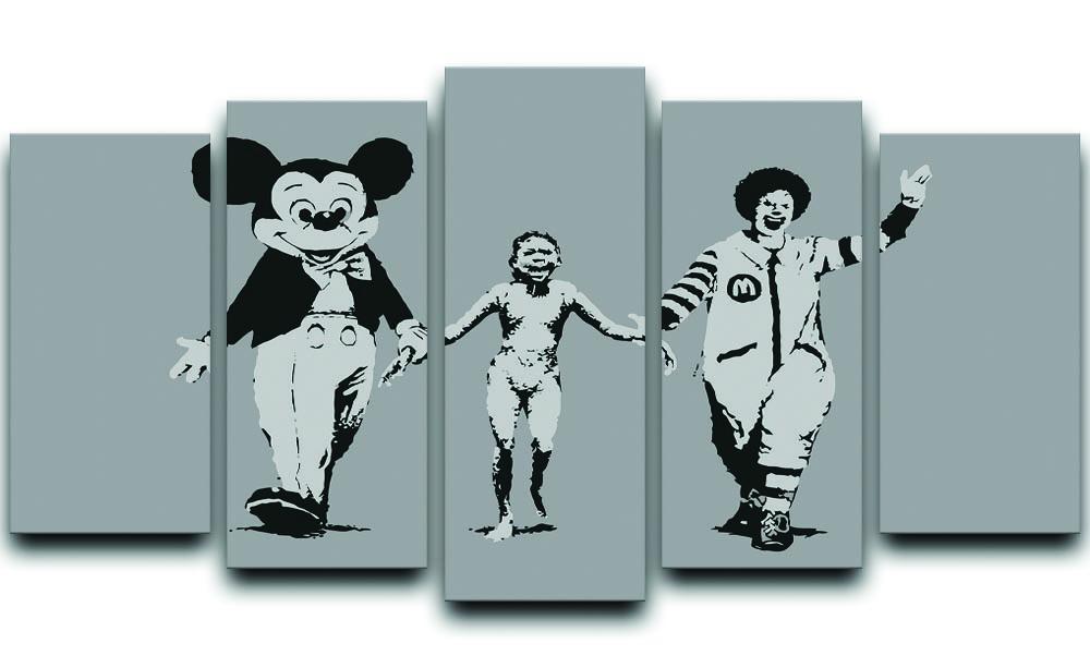 Banksy Mickey And Ronald 5 Split Panel Canvas artwork featuring iconic characters in a dynamic split design.