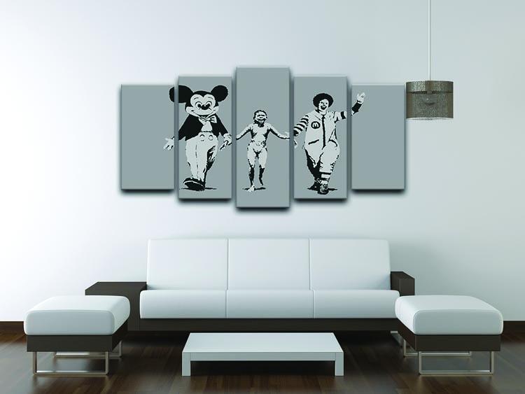 Banksy Mickey And Ronald 5 Split Panel Canvas artwork featuring iconic characters in a dynamic split design.