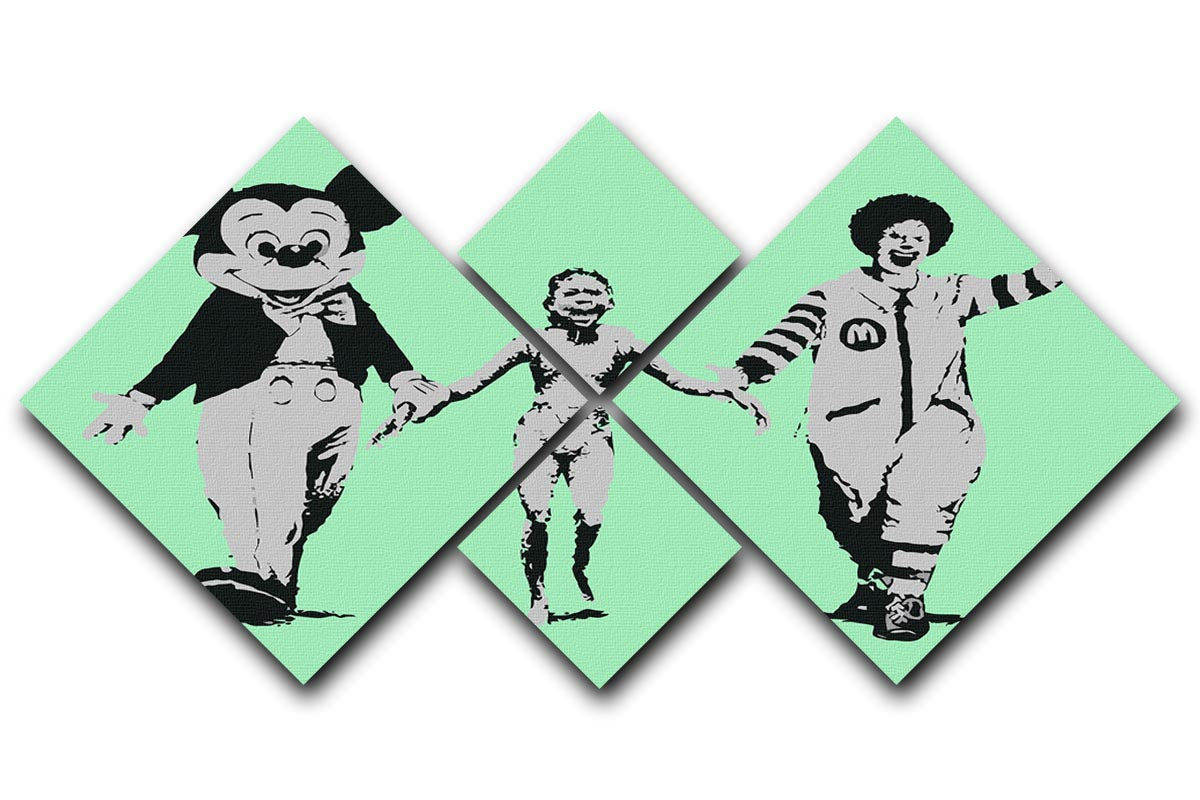 Banksy Mickey and Ronald Green 4 Square Multi Panel Canvas featuring iconic characters in a vibrant, modern design.