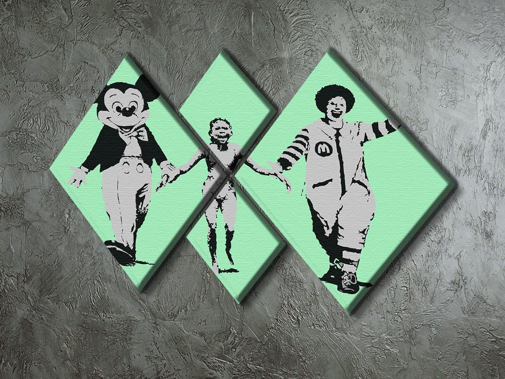 Banksy Mickey and Ronald Green 4 Square Multi Panel Canvas featuring iconic characters in a vibrant, modern design.