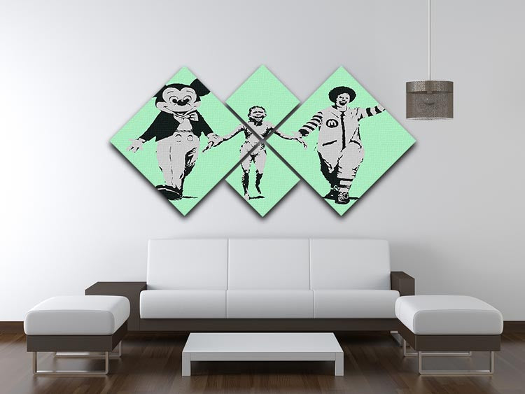 Banksy Mickey and Ronald Green 4 Square Multi Panel Canvas featuring iconic characters in a vibrant, modern design.