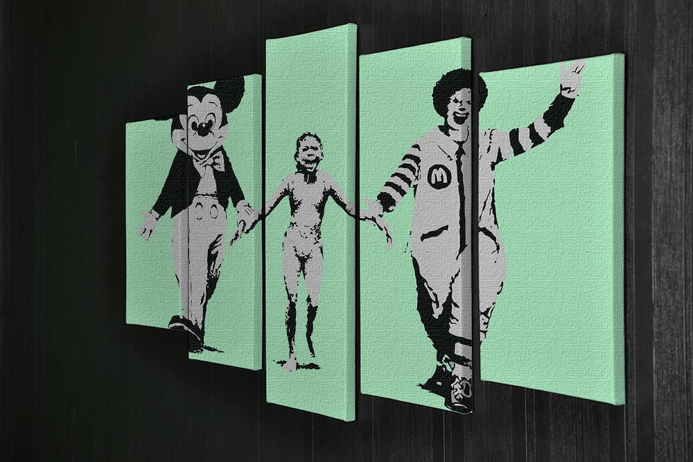 Banksy Mickey and Ronald Green 5 Split Panel Canvas artwork featuring vibrant colors and iconic characters in a dynamic arrangement.