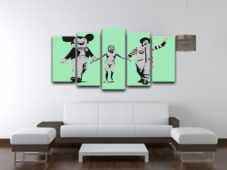 Banksy Mickey and Ronald Green 5 Split Panel Canvas artwork featuring vibrant colors and iconic characters in a dynamic arrangement.