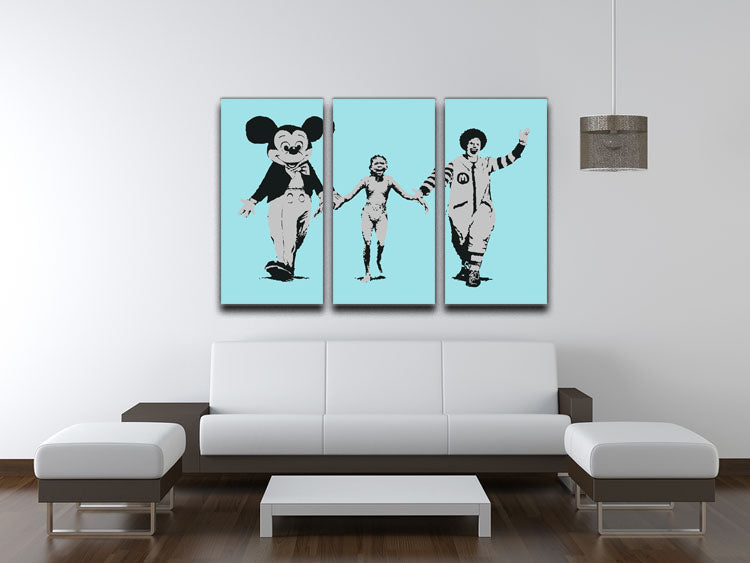 Banksy Mickey and Ronald Light Blue 3 Split Panel Canvas Print featuring vibrant colors and modern design.