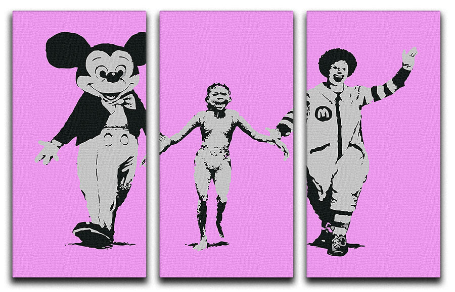 Banksy Mickey and Ronald Purple 3 Split Panel Canvas Print featuring vibrant colors and modern art style.