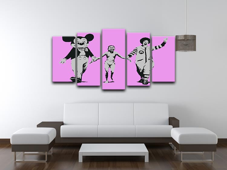 Banksy Mickey and Ronald Purple 5 Split Panel Canvas artwork featuring vibrant colors and iconic characters, perfect for modern decor.