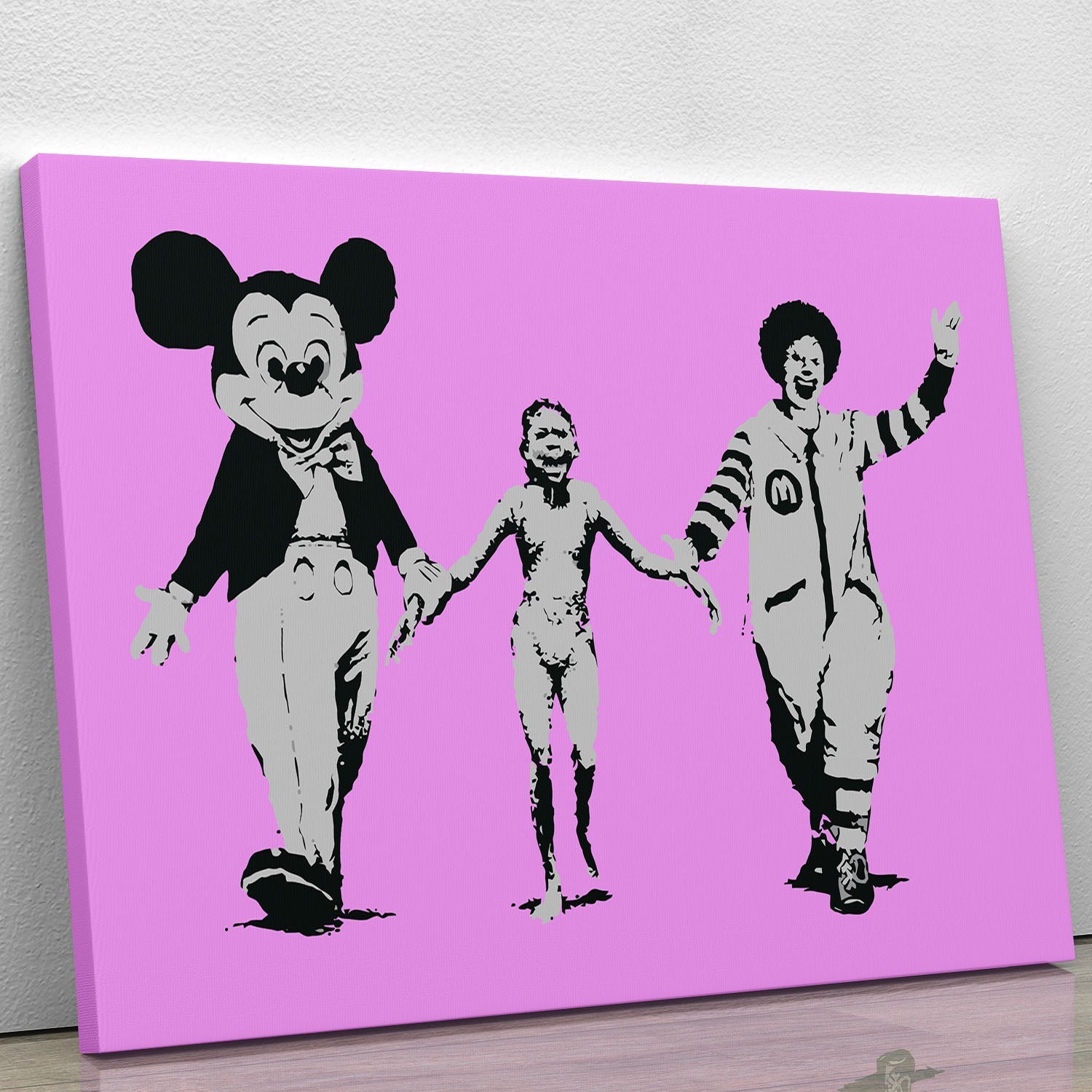 Banksy Mickey and Ronald Purple Canvas Print featuring iconic characters on a vibrant purple background, perfect for modern decor.