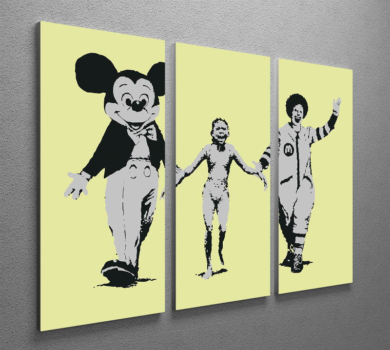 Banksy Mickey and Ronald Yellow 3 Split Panel Canvas Print featuring vibrant colors and playful characters, ideal for modern decor.