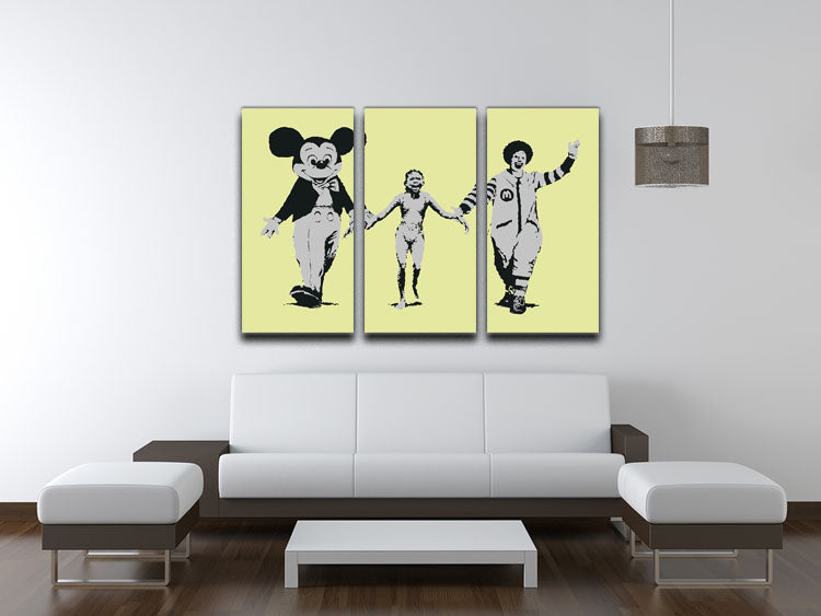 Banksy Mickey and Ronald Yellow 3 Split Panel Canvas Print featuring vibrant colors and playful characters, ideal for modern decor.