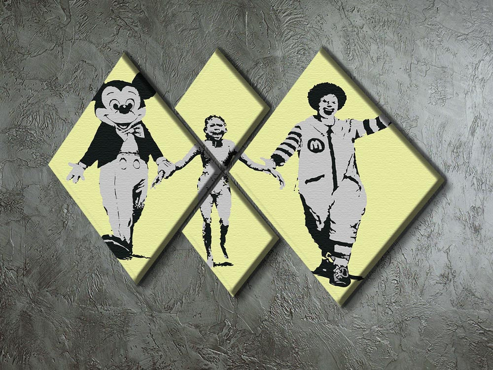 Banksy Mickey and Ronald Yellow 4 Square Multi Panel Canvas artwork featuring vibrant colors and iconic characters.