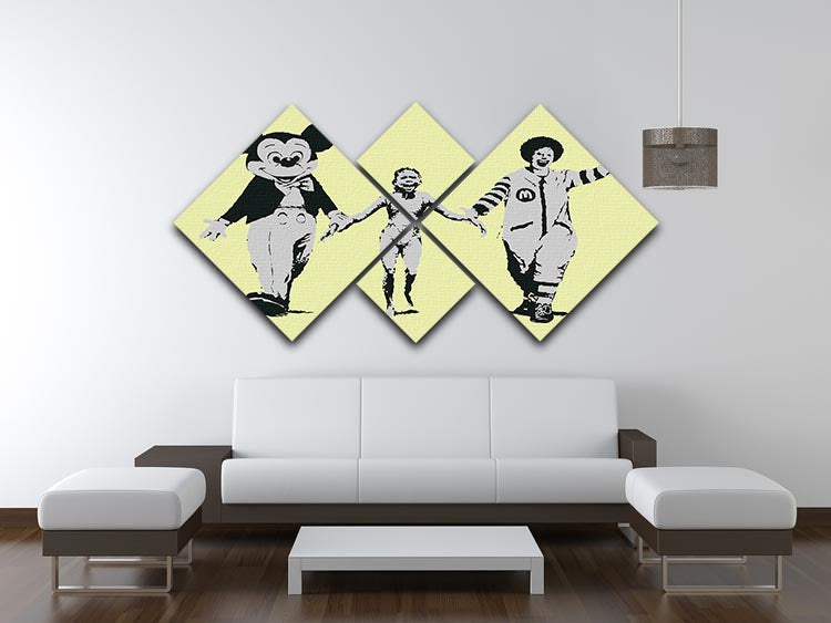 Banksy Mickey and Ronald Yellow 4 Square Multi Panel Canvas artwork featuring vibrant colors and iconic characters.
