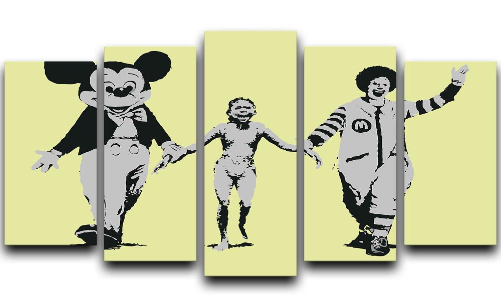 Banksy Mickey and Ronald Yellow 5 Split Panel Canvas artwork featuring vibrant colors and iconic characters, perfect for modern decor.