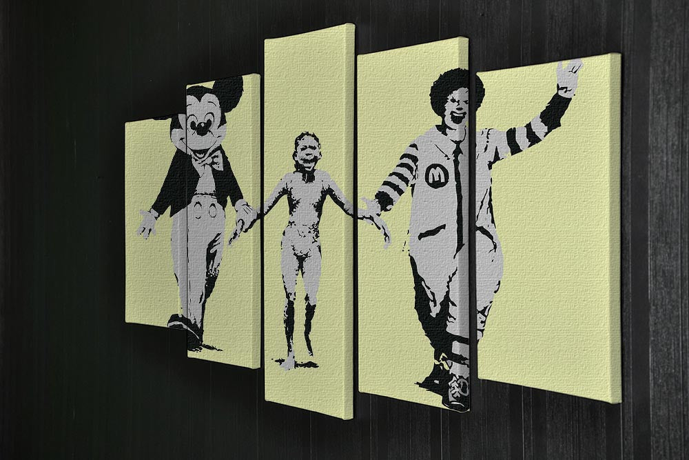 Banksy Mickey and Ronald Yellow 5 Split Panel Canvas artwork featuring vibrant colors and iconic characters, perfect for modern decor.