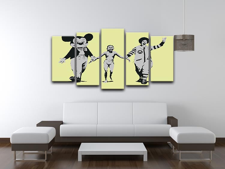 Banksy Mickey and Ronald Yellow 5 Split Panel Canvas artwork featuring vibrant colors and iconic characters, perfect for modern decor.