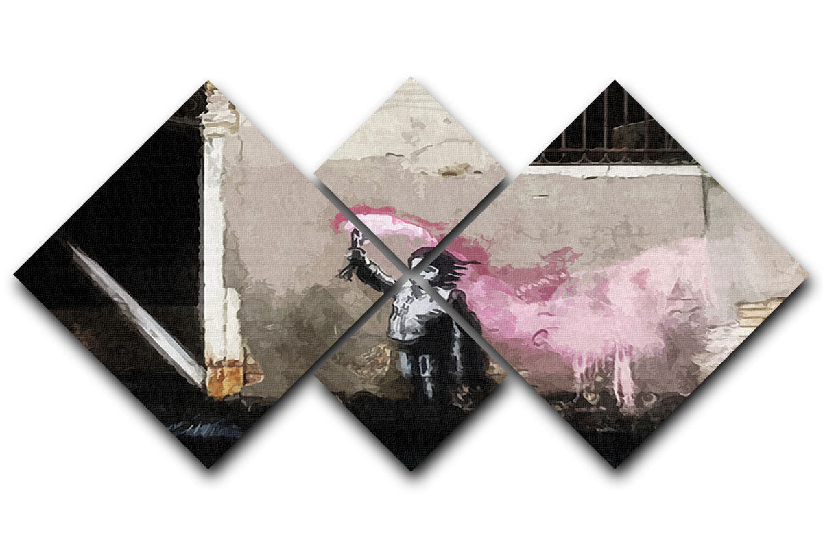 Banksy Migrant Child Venice 4 Square Multi Panel Canvas artwork featuring a child, divided into four equal panels for a striking visual effect.