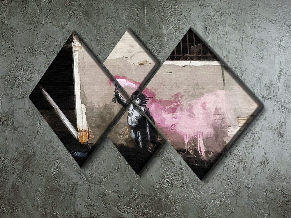 Banksy Migrant Child Venice 4 Square Multi Panel Canvas artwork featuring a child, divided into four equal panels for a striking visual effect.