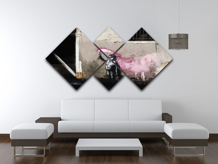Banksy Migrant Child Venice 4 Square Multi Panel Canvas artwork featuring a child, divided into four equal panels for a striking visual effect.