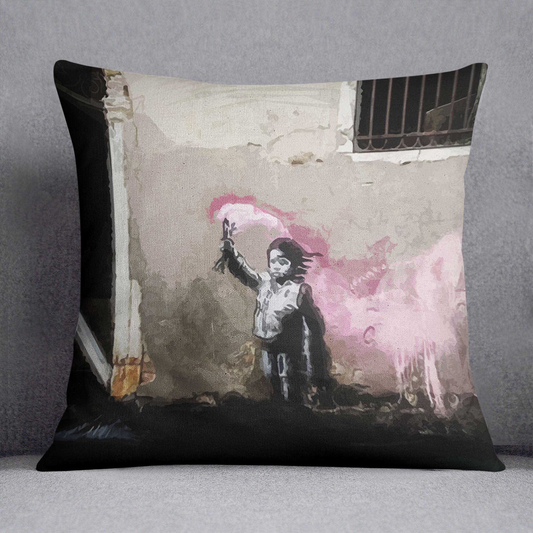 Banksy Migrant Child Venice Cushion featuring vibrant abstract design on luxurious vegan faux suede.