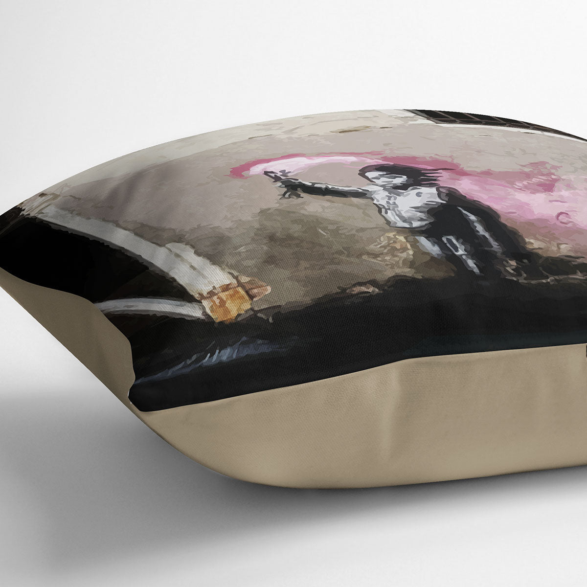Banksy Migrant Child Venice Cushion featuring vibrant abstract design on luxurious vegan faux suede.