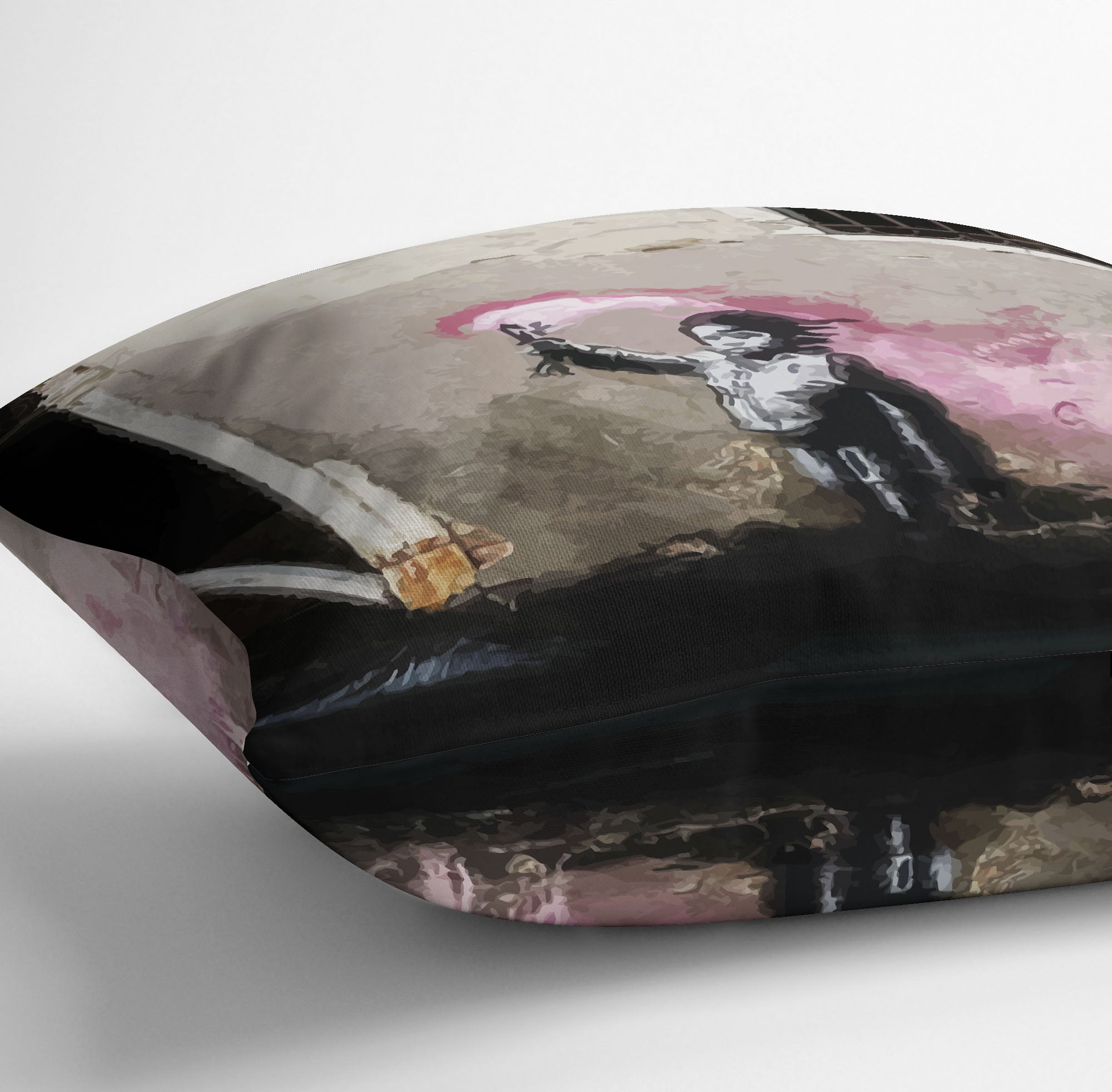 Banksy Migrant Child Venice Cushion featuring vibrant abstract design on luxurious vegan faux suede.