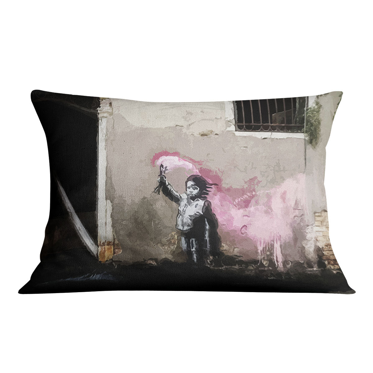 Banksy Migrant Child Venice Cushion featuring vibrant abstract design on luxurious vegan faux suede.
