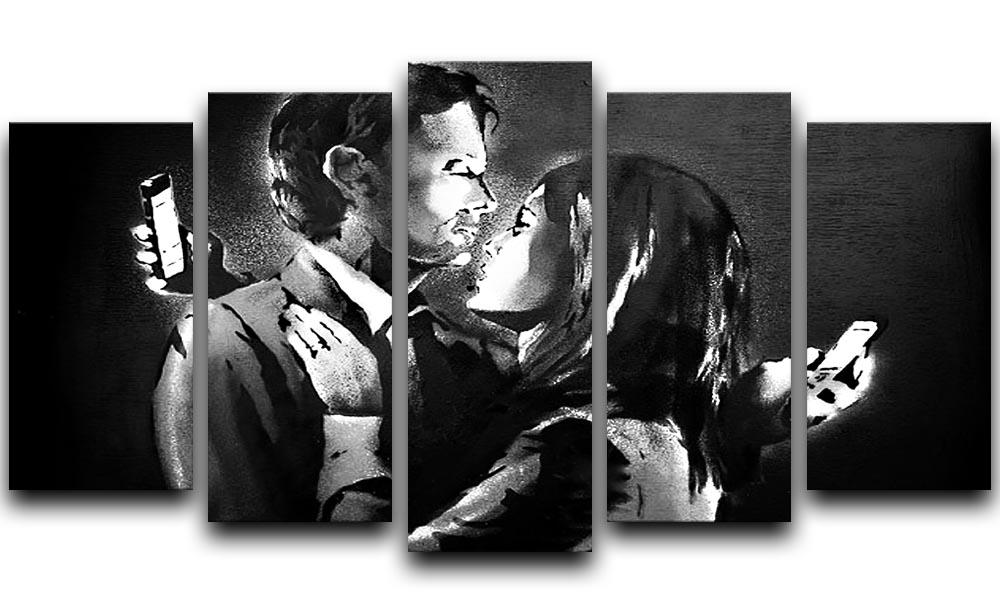 Banksy Mobile Lovers 5 Split Panel Canvas artwork featuring a modern depiction of love in a digital age, divided into five panels.